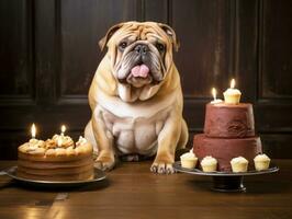 Adorable dog posing with a birthday cake at a celebration AI Generative photo