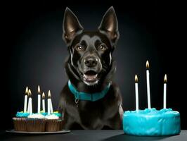 adorable perro posando con un cumpleaños pastel a un celebracion ai generativo foto