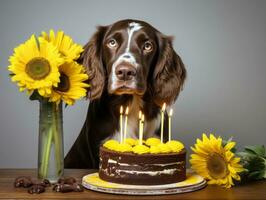 Adorable dog posing with a birthday cake at a celebration AI Generative photo