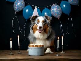 adorable perro posando con un cumpleaños pastel a un celebracion ai generativo foto