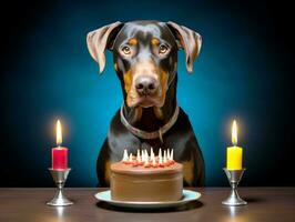 adorable perro posando con un cumpleaños pastel a un celebracion ai generativo foto