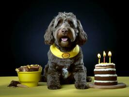 Adorable dog posing with a birthday cake at a celebration AI Generative photo