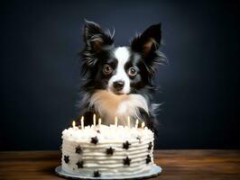 adorable perro posando con un cumpleaños pastel a un celebracion ai generativo foto