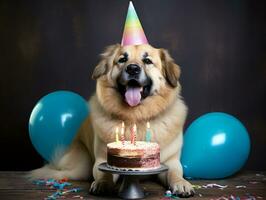 adorable perro posando con un cumpleaños pastel a un celebracion ai generativo foto