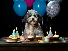 adorable perro posando con un cumpleaños pastel a un celebracion ai generativo foto