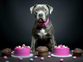 Adorable dog posing with a birthday cake at a celebration AI Generative photo