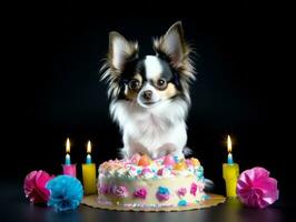 Adorable dog posing with a birthday cake at a celebration AI Generative photo