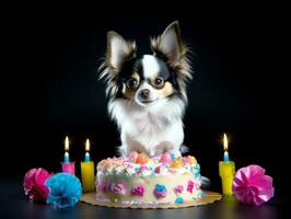 adorable perro posando con un cumpleaños pastel a un celebracion ai generativo foto