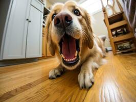 Content dog enjoying in the living room floor AI Generative photo