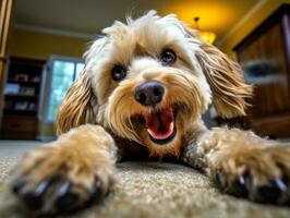 Content dog enjoying in the living room floor AI Generative photo