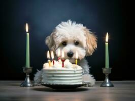 Adorable dog posing with a birthday cake at a celebration AI Generative photo