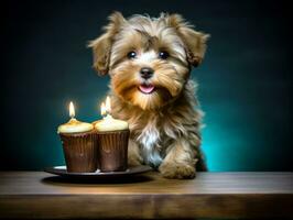 Adorable dog posing with a birthday cake at a celebration AI Generative photo