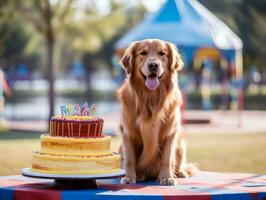 adorable perro posando con un cumpleaños pastel a un celebracion ai generativo foto