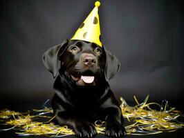 Adorable dog posing with a birthday cake at a celebration AI Generative photo