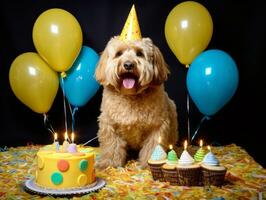 adorable perro posando con un cumpleaños pastel a un celebracion ai generativo foto