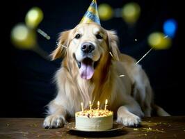 adorable perro posando con un cumpleaños pastel a un celebracion ai generativo foto