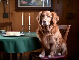 adorable perro posando con un cumpleaños pastel a un celebracion ai generativo foto