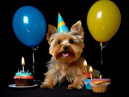 Adorable dog posing with a birthday cake at a celebration AI Generative photo