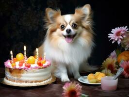 Adorable dog posing with a birthday cake at a celebration AI Generative photo