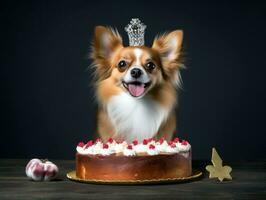 Adorable dog posing with a birthday cake at a celebration AI Generative photo