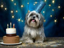 Adorable dog posing with a birthday cake at a celebration AI Generative photo