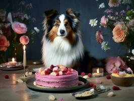 Adorable dog posing with a birthday cake at a celebration AI Generative photo