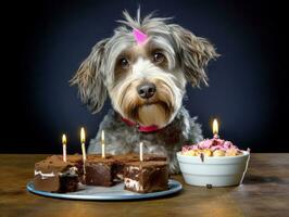 Adorable dog posing with a birthday cake at a celebration AI Generative photo