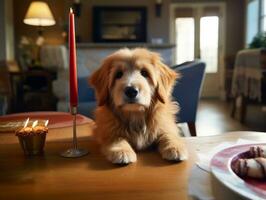 Adorable dog posing with a birthday cake at a celebration AI Generative photo