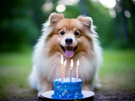 Adorable dog posing with a birthday cake at a celebration AI Generative photo