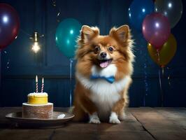 adorable perro posando con un cumpleaños pastel a un celebracion ai generativo foto