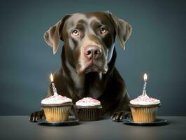 adorable perro posando con un cumpleaños pastel a un celebracion ai generativo foto