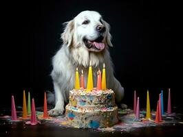 adorable perro posando con un cumpleaños pastel a un celebracion ai generativo foto