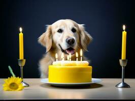 adorable perro posando con un cumpleaños pastel a un celebracion ai generativo foto