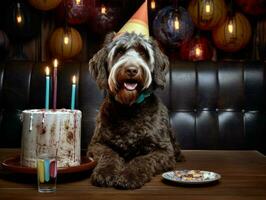 adorable perro posando con un cumpleaños pastel a un celebracion ai generativo foto