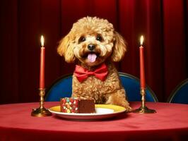 Adorable dog posing with a birthday cake at a celebration AI Generative photo