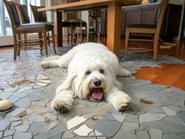 Content dog enjoying in the living room floor AI Generative photo