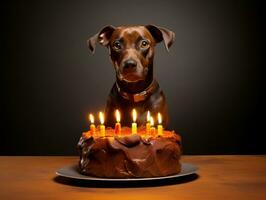 adorable perro posando con un cumpleaños pastel a un celebracion ai generativo foto