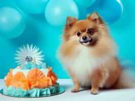 Adorable dog posing with a birthday cake at a celebration AI Generative photo