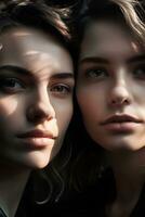 Portrait of two brown-hair women, close-up, natural soft lighting, ai generated art photo
