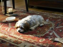 Content dog enjoying in the living room floor AI Generative photo