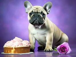 Adorable dog posing with a birthday cake at a celebration AI Generative photo