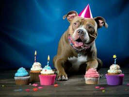 adorable perro posando con un cumpleaños pastel a un celebracion ai generativo foto