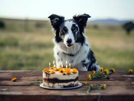 adorable perro posando con un cumpleaños pastel a un celebracion ai generativo foto