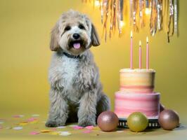 adorable perro posando con un cumpleaños pastel a un celebracion ai generativo foto