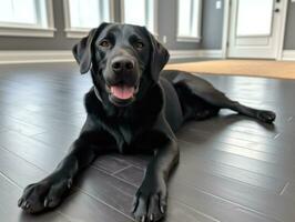 Content dog enjoying in the living room floor AI Generative photo