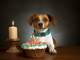 Adorable dog posing with a birthday cake at a celebration AI Generative photo