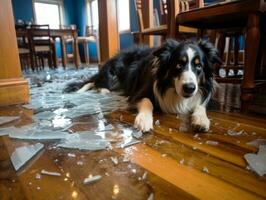 Content dog enjoying in the living room floor AI Generative photo