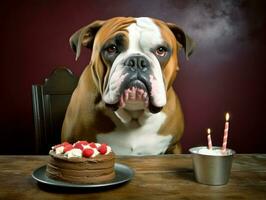 Adorable dog posing with a birthday cake at a celebration AI Generative photo