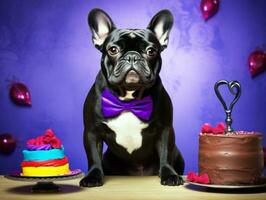 Adorable dog posing with a birthday cake at a celebration AI Generative photo