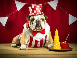 adorable perro posando con un cumpleaños pastel a un celebracion ai generativo foto